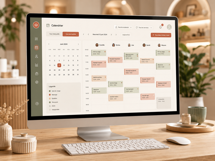 Calendrier gérant Soklaé avec vue mensuelle et fiches de réservation